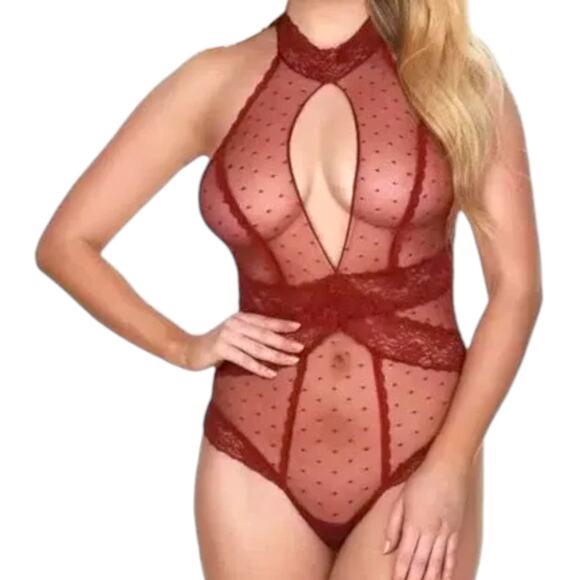 Frederick’s of Hollywood Deep Red Mesh Teddy, S - Picture 5 of 11